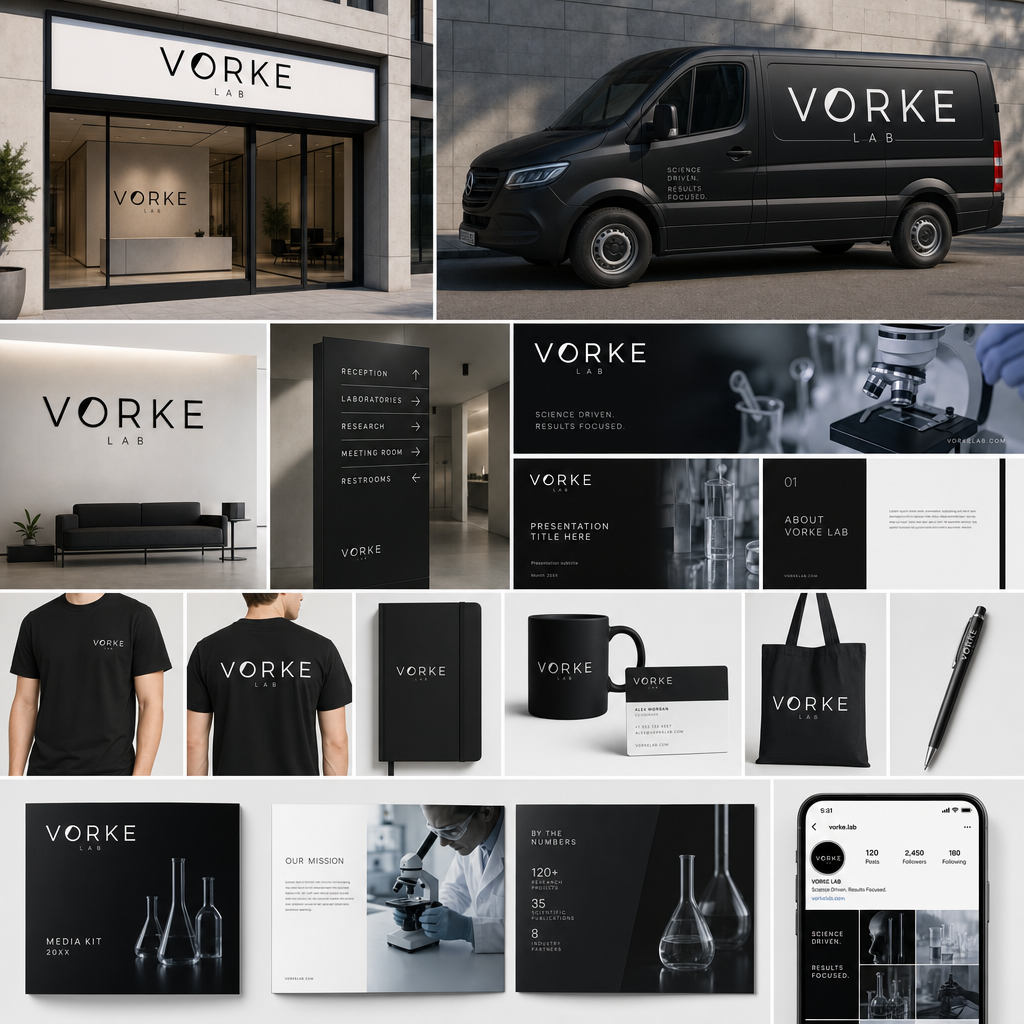 Mockups premium da marca Vorke Lab aplicados em fachada, papelaria e materiais institucionais